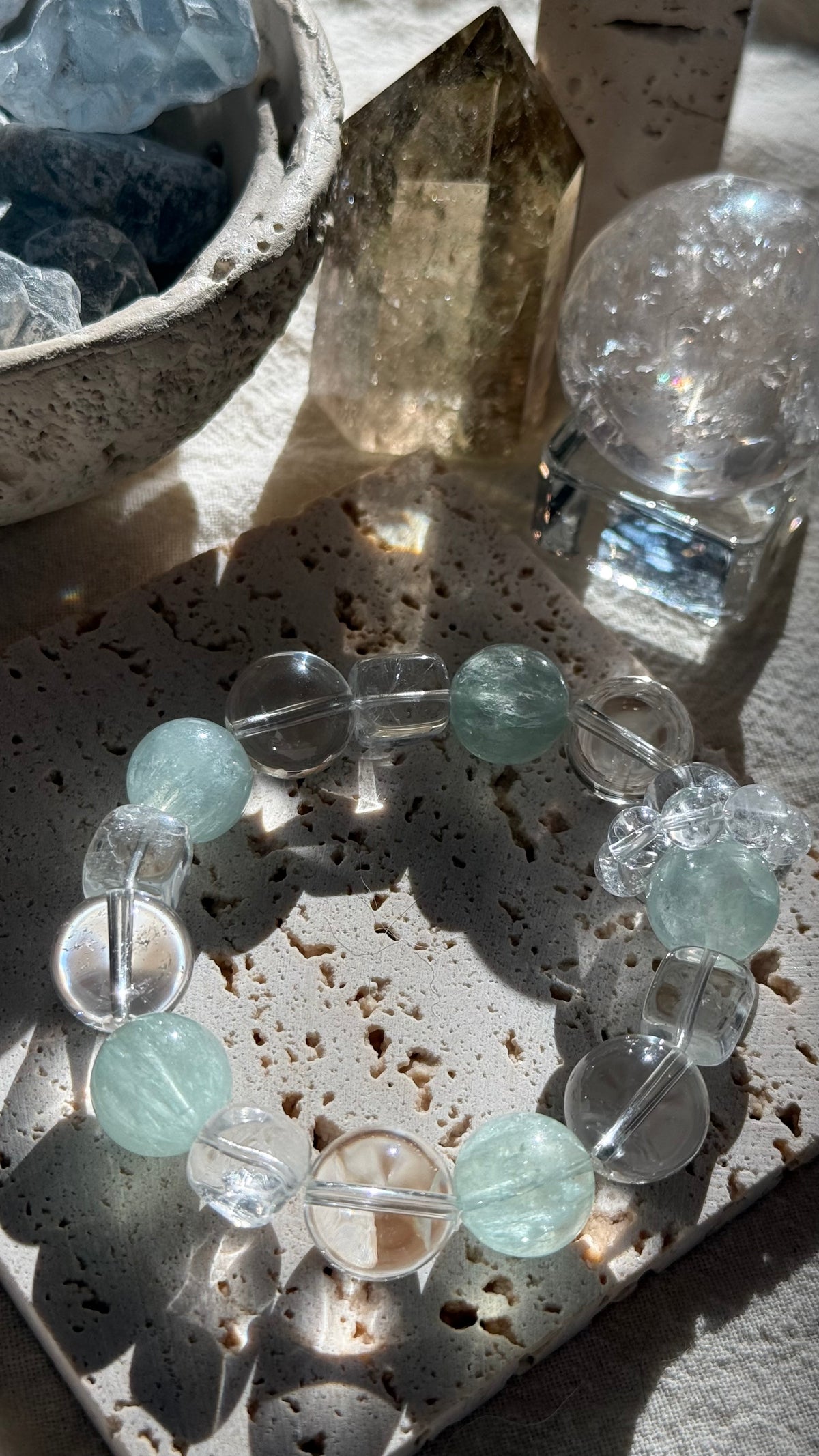 Fresh Sprout | 14mm Natural Green Fluorite & Clear Quartz Bracelet