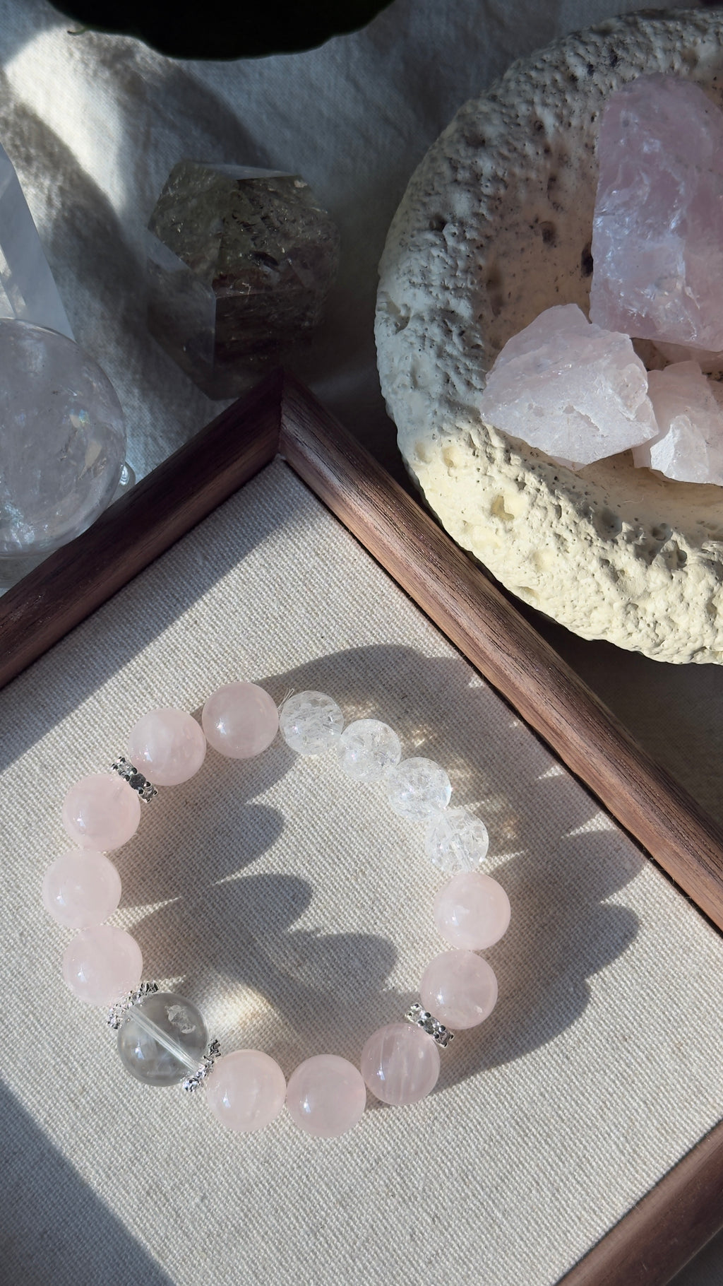 First Snow | 14mm Clear Quartz, Madagascar Rose Quartz & Crackle Quartz Bracelet