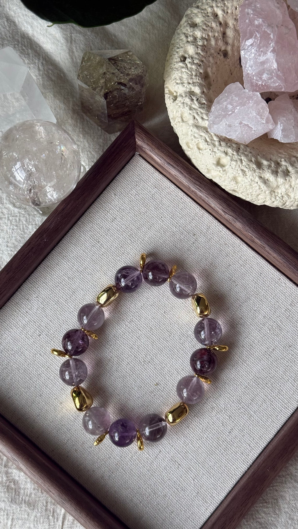 Violet Mist | 12mm Translucent Amethyst & Purple Phantom Bracelet with Gold