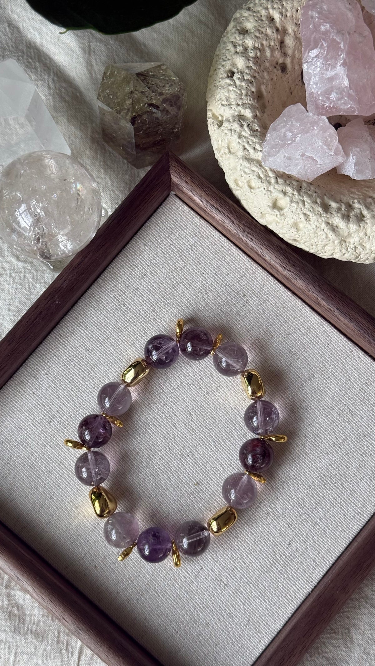 Violet Mist | 12mm Translucent Amethyst & Purple Phantom Bracelet with Gold