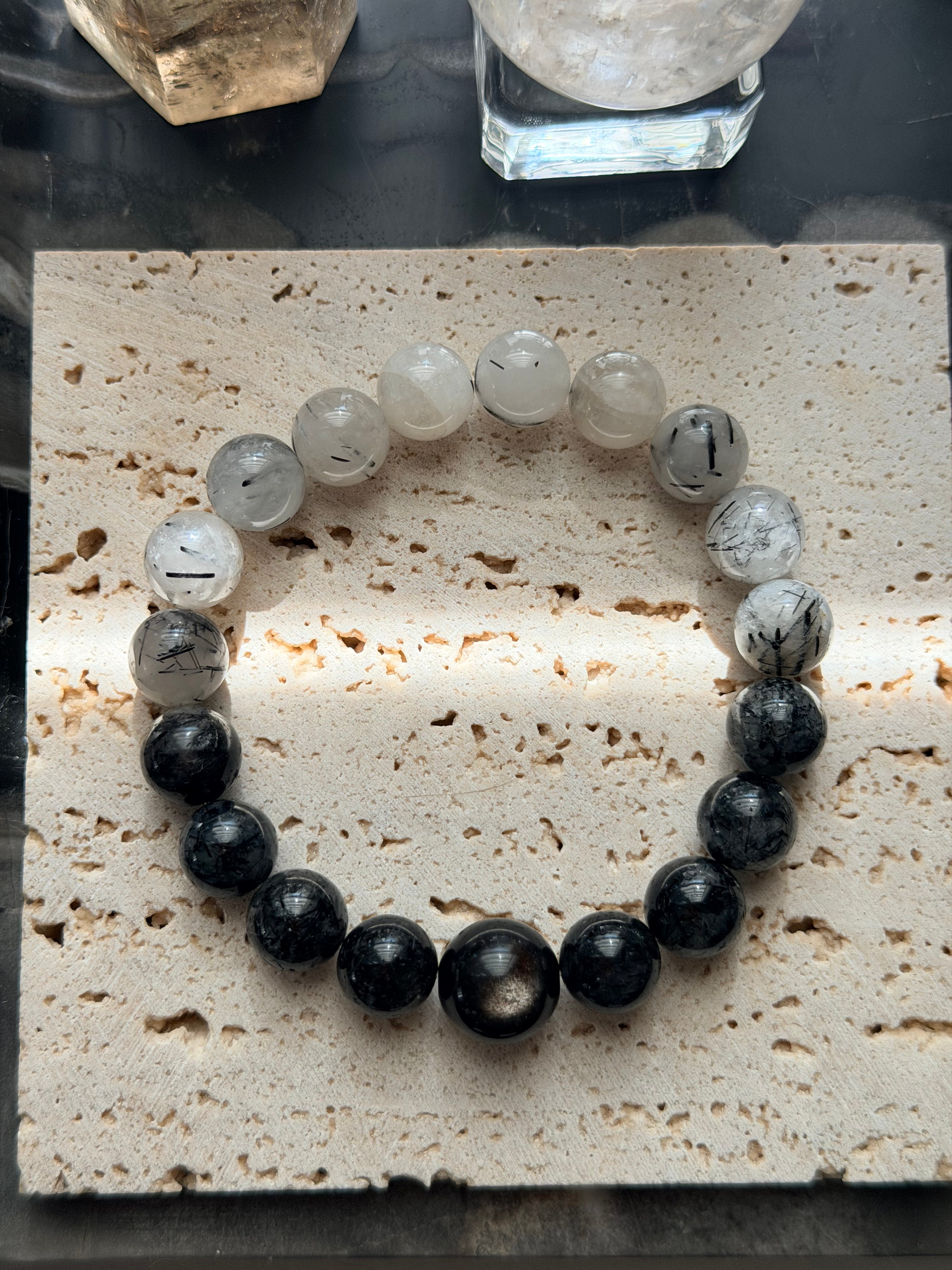 Ink & Silver | Gradient Black Rutilated Quartz & Silver Sheen Obsidian Bracelet
