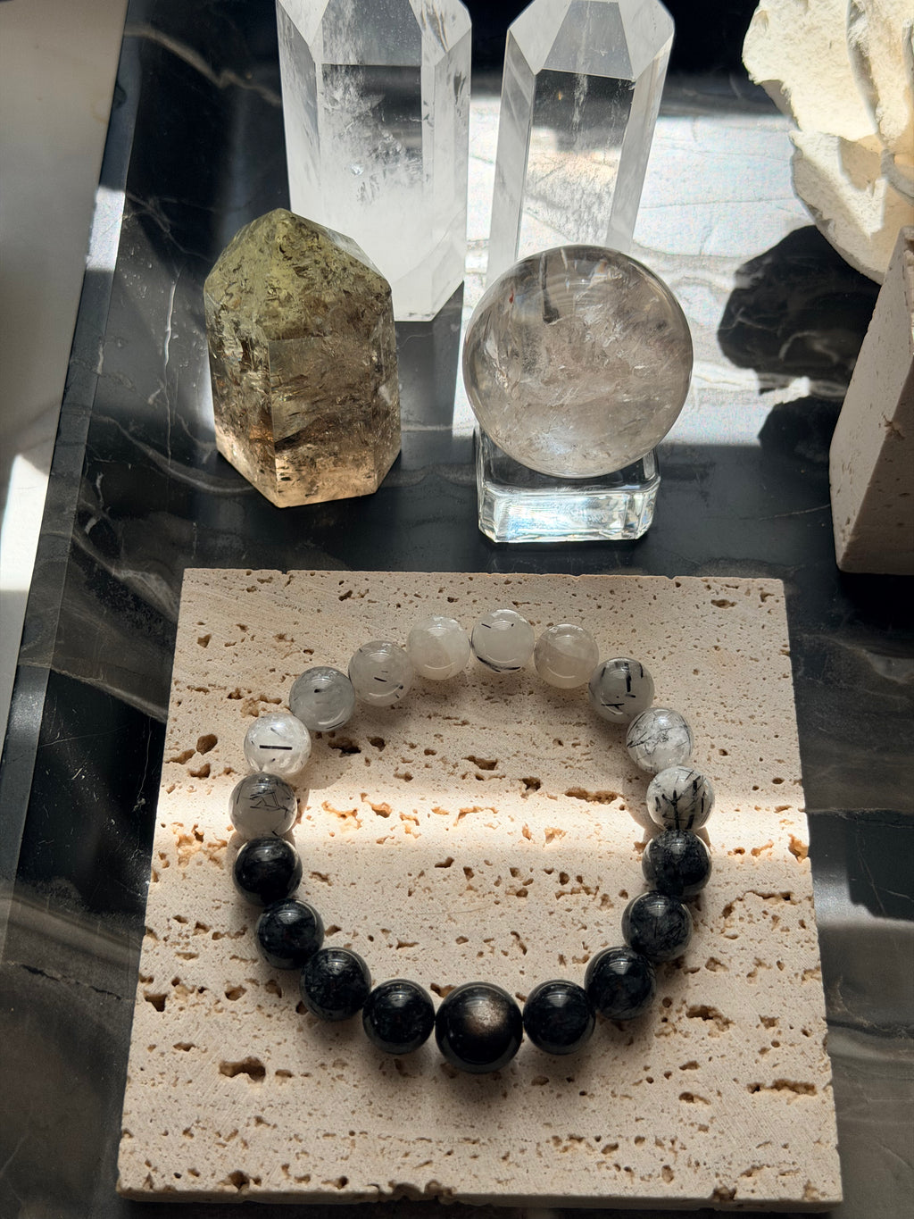Ink & Silver | Gradient Black Rutilated Quartz & Silver Sheen Obsidian Bracelet