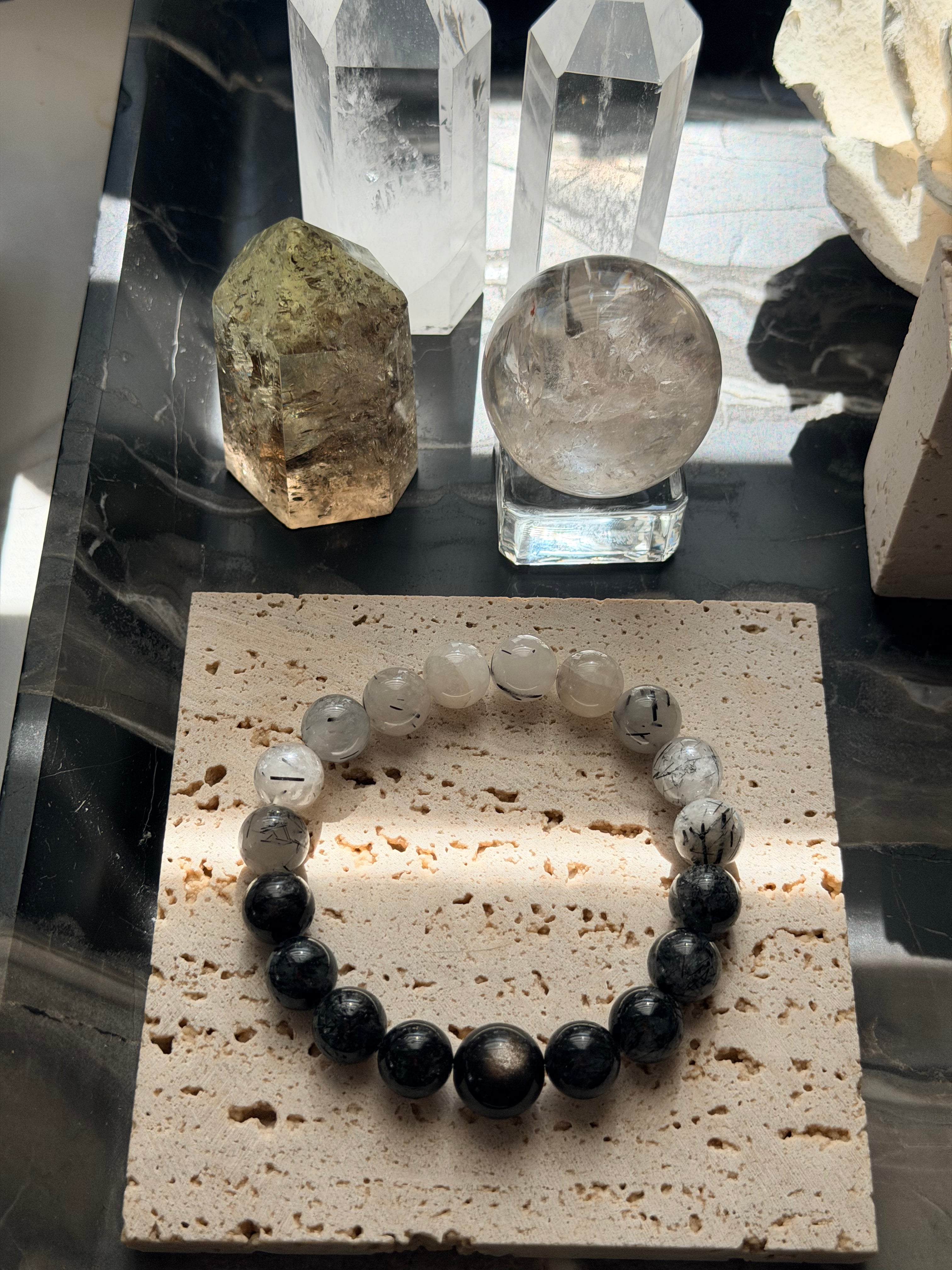 Ink & Silver | Gradient Black Rutilated Quartz & Silver Sheen Obsidian Bracelet