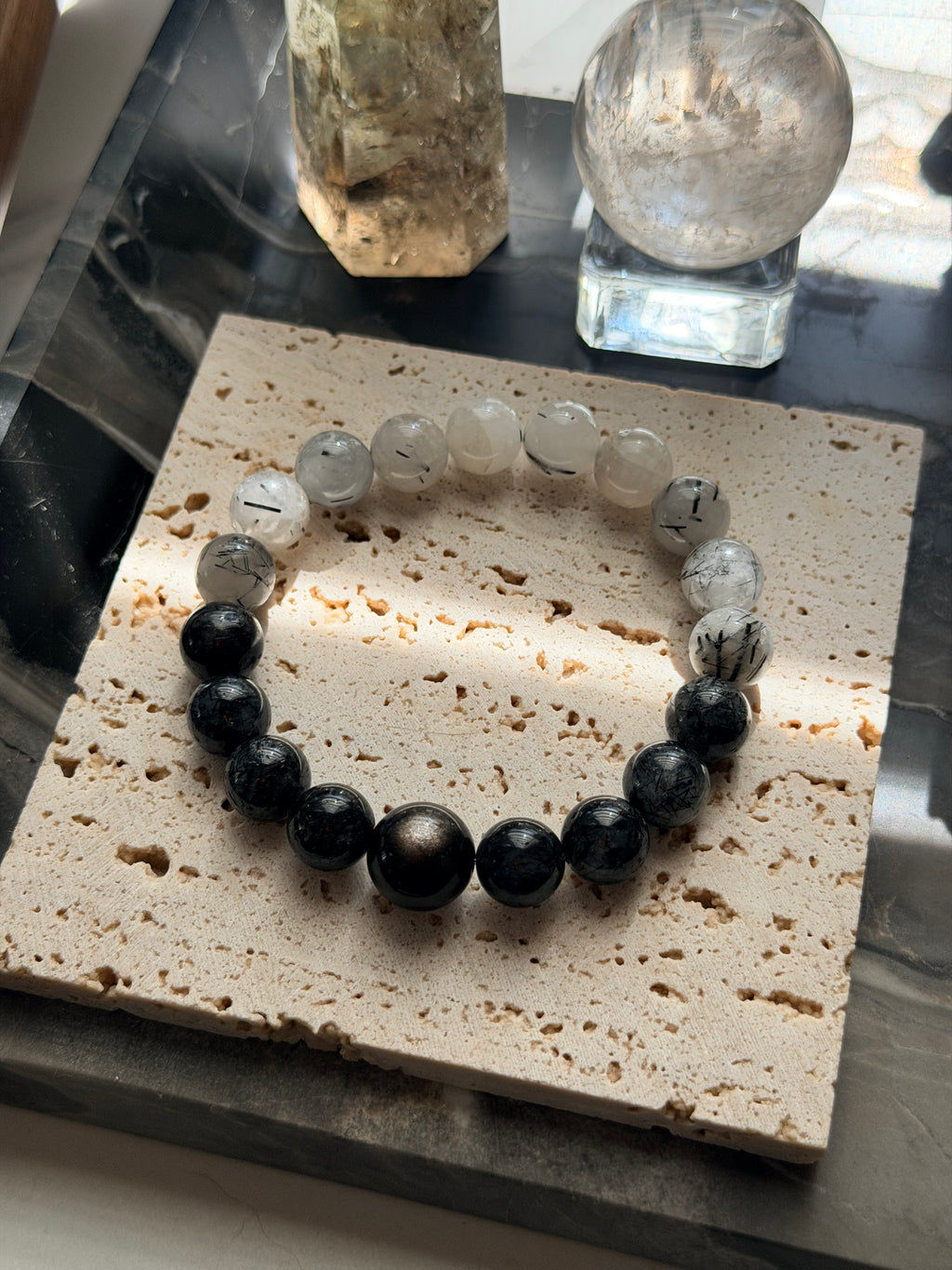 Ink & Silver | Gradient Black Rutilated Quartz & Silver Sheen Obsidian Bracelet