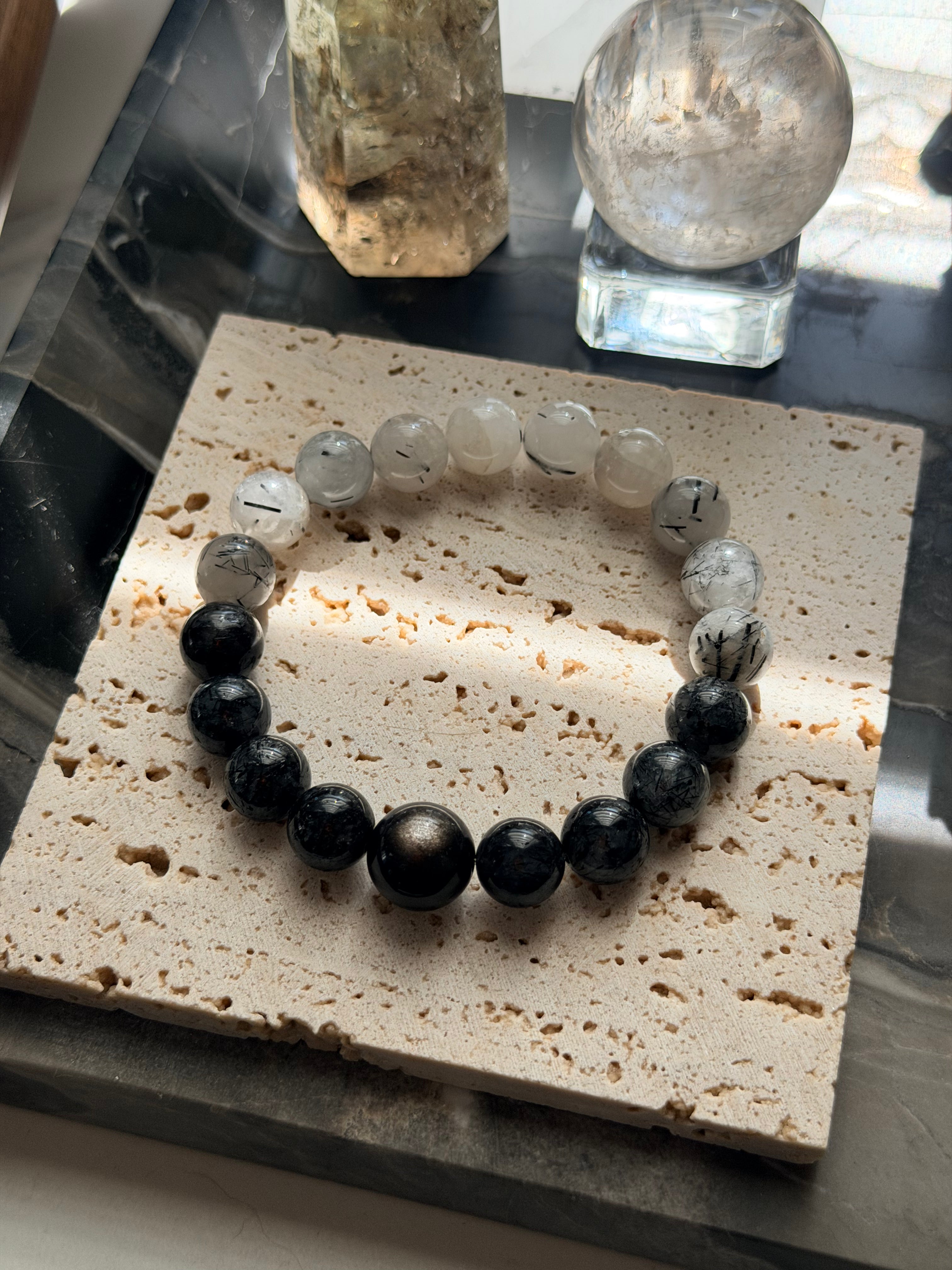 Ink & Silver | Gradient Black Rutilated Quartz & Silver Sheen Obsidian Bracelet