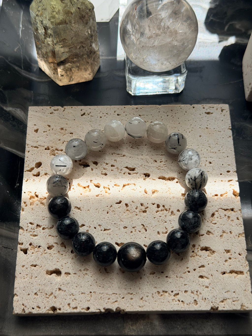 Ink & Silver | Gradient Black Rutilated Quartz & Silver Sheen Obsidian Bracelet