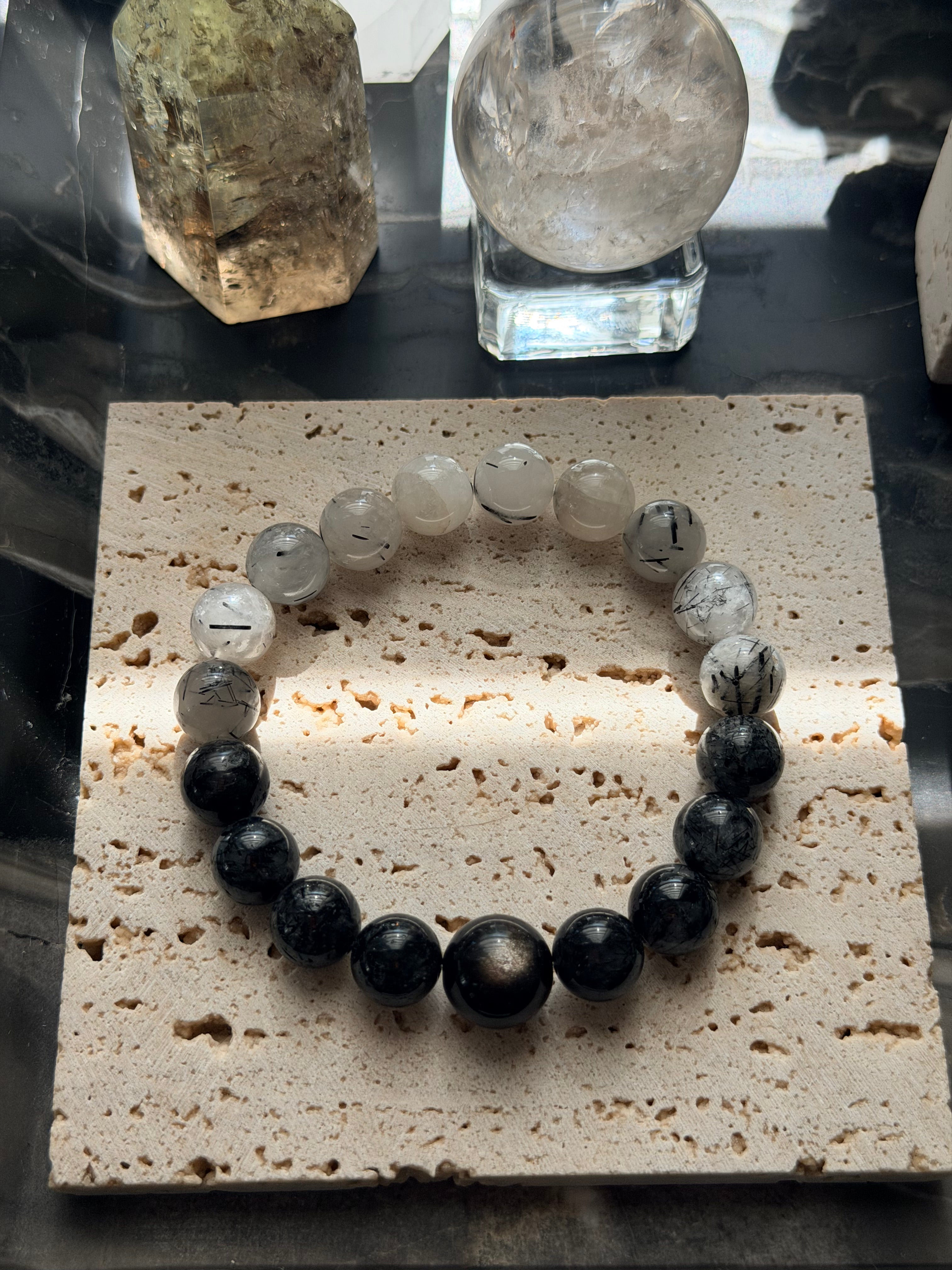 Ink & Silver | Gradient Black Rutilated Quartz & Silver Sheen Obsidian Bracelet