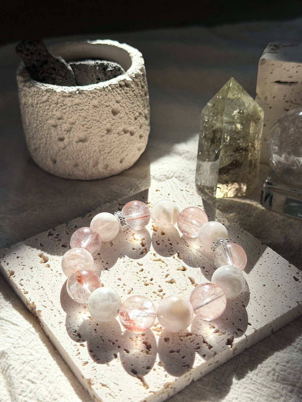 Velvet Bloom | 15mm Pink Rutilated Quartz & White Veil Phantom Bracelet
