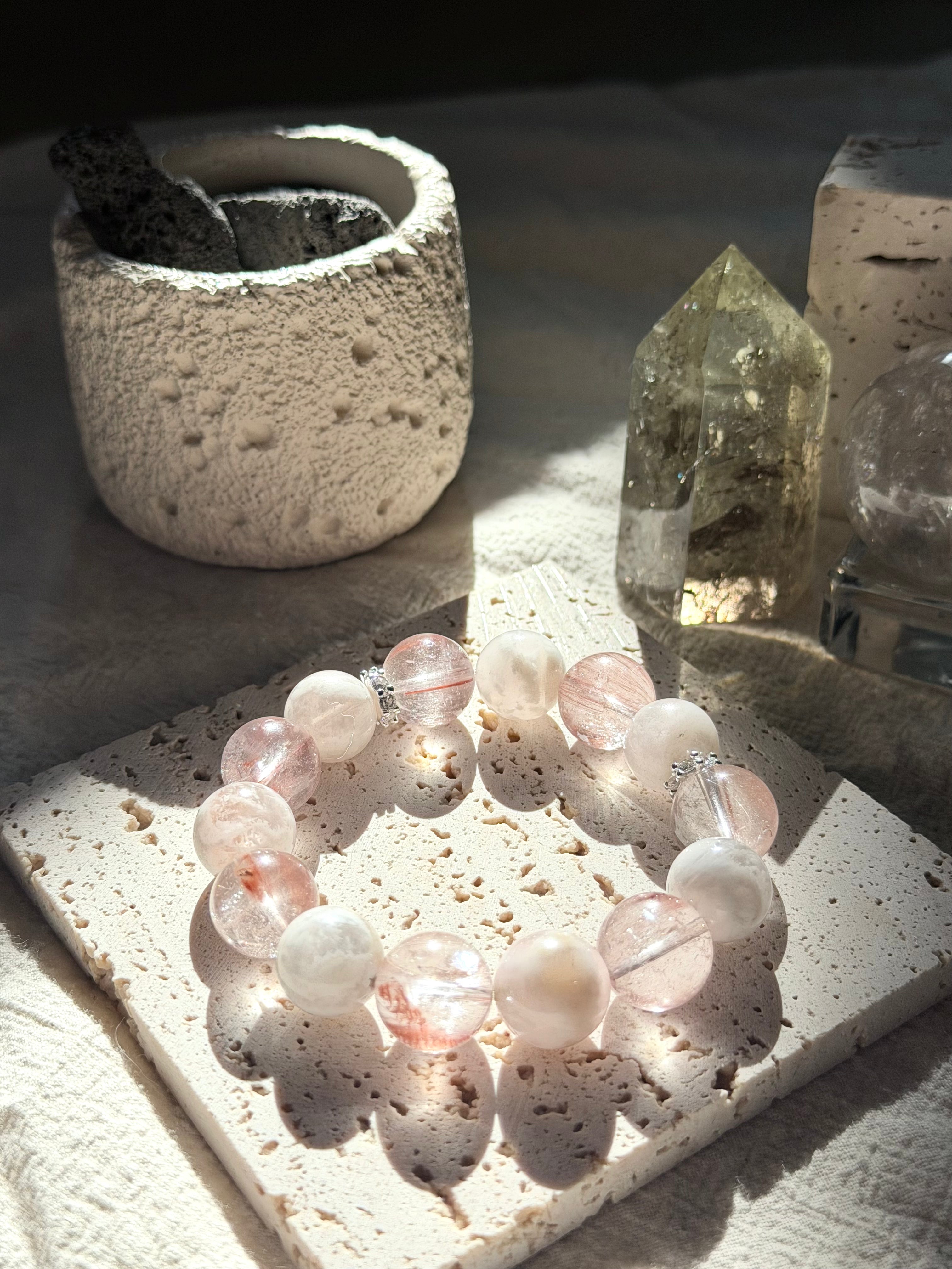 Velvet Bloom | 15mm Pink Rutilated Quartz & White Veil Phantom Bracelet