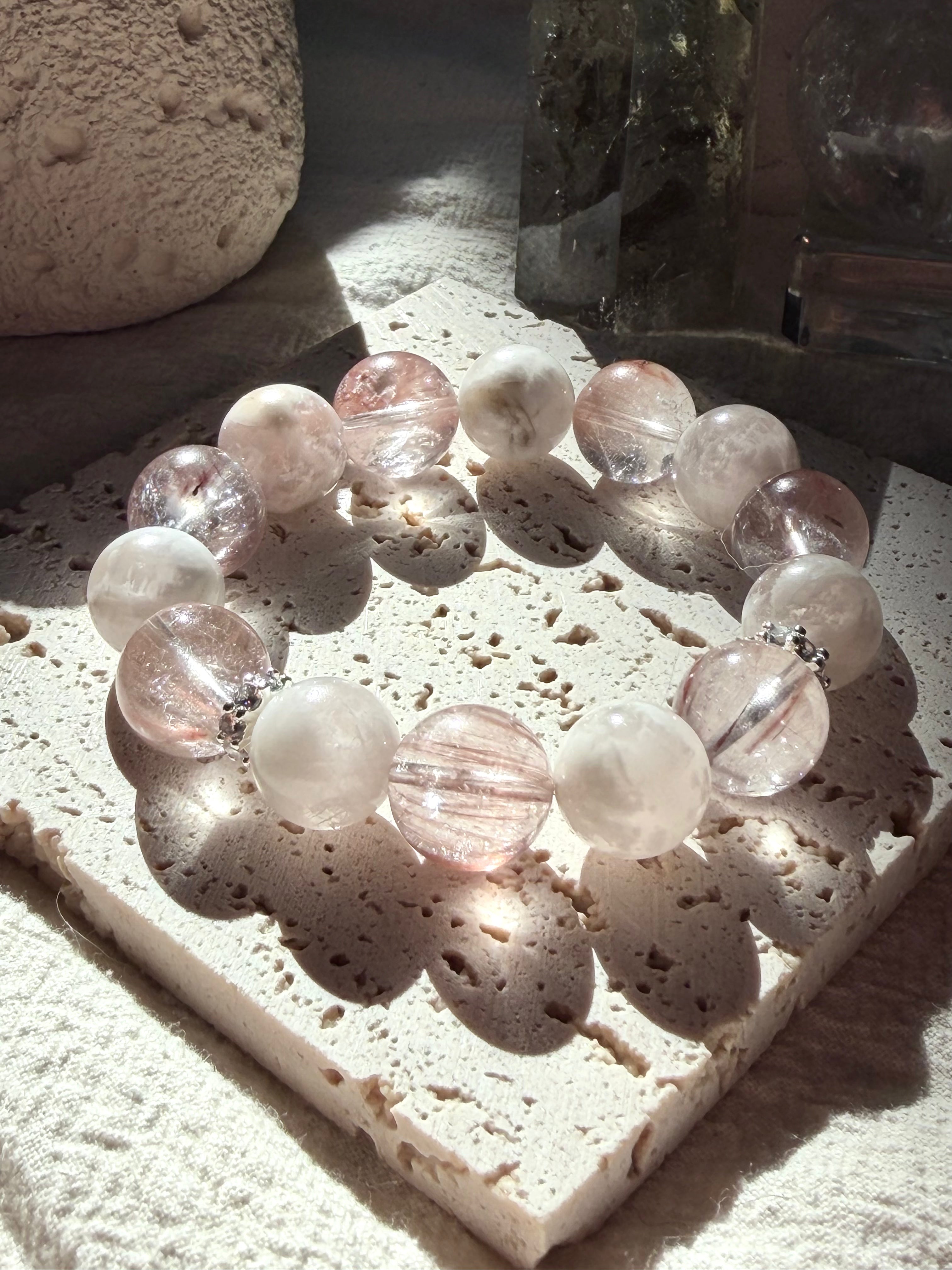 Velvet Bloom | 15mm Pink Rutilated Quartz & White Veil Phantom Bracelet