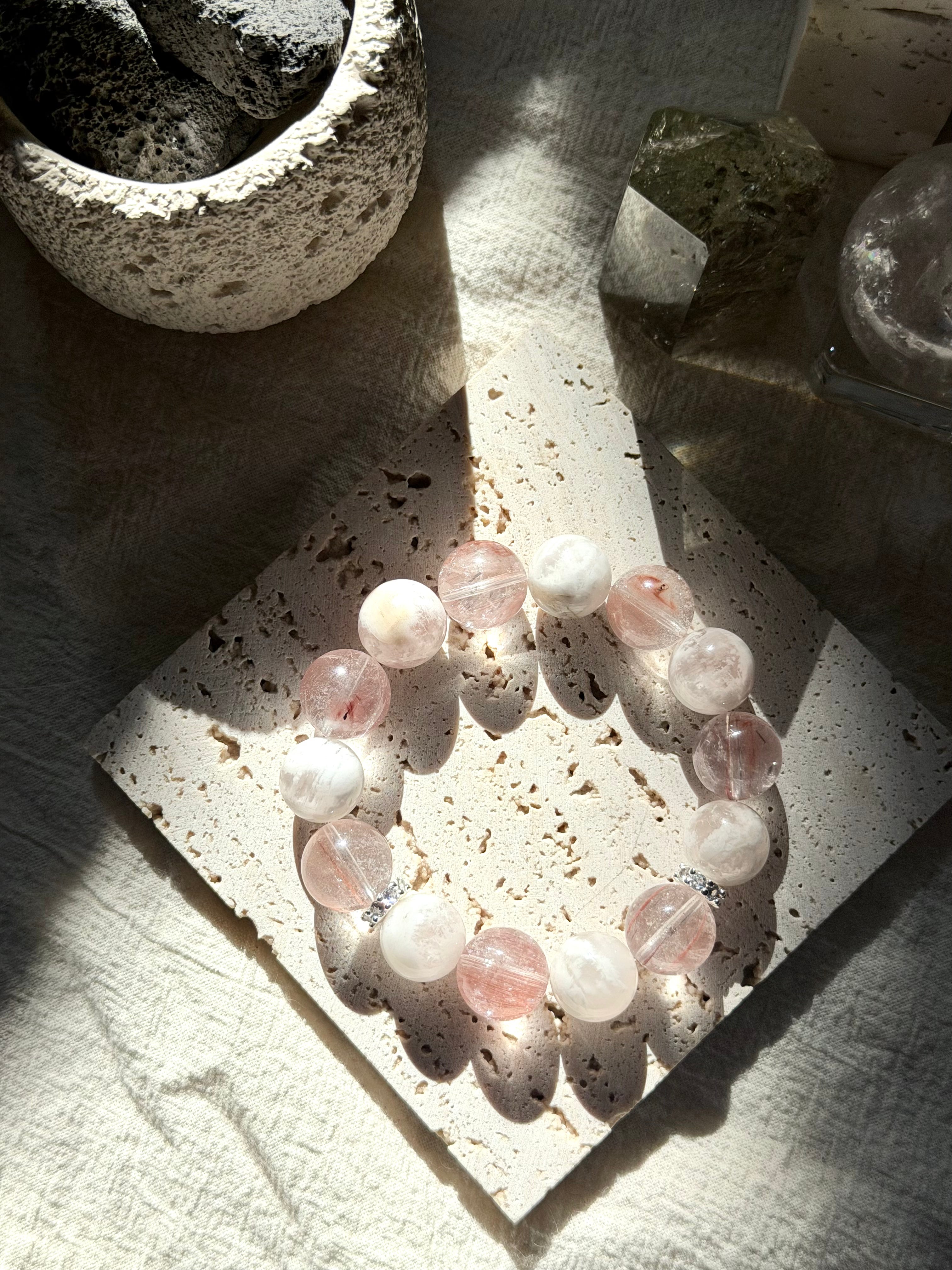 Velvet Bloom | 15mm Pink Rutilated Quartz & White Veil Phantom Bracelet
