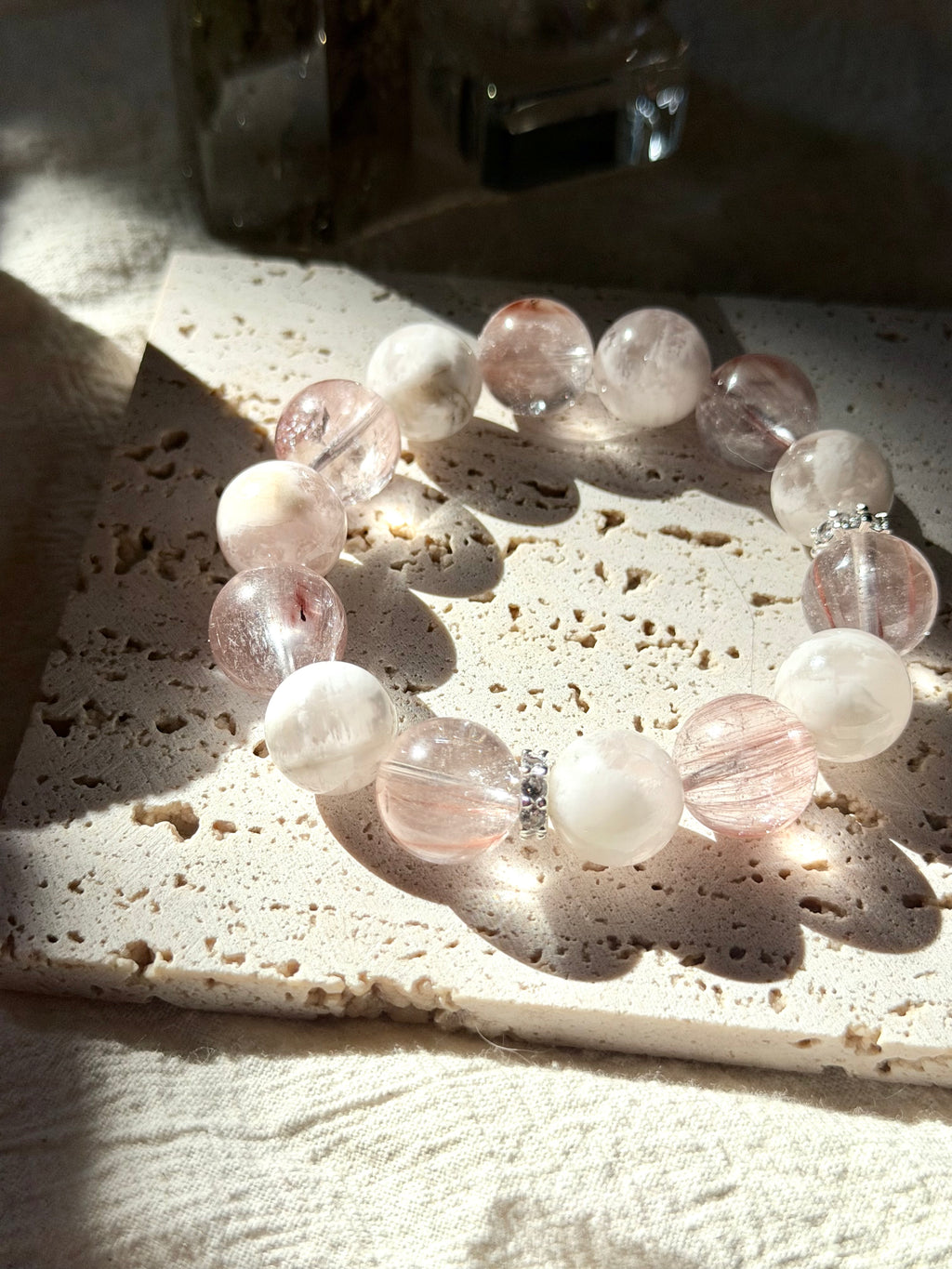 Velvet Bloom | 15mm Pink Rutilated Quartz & White Veil Phantom Bracelet