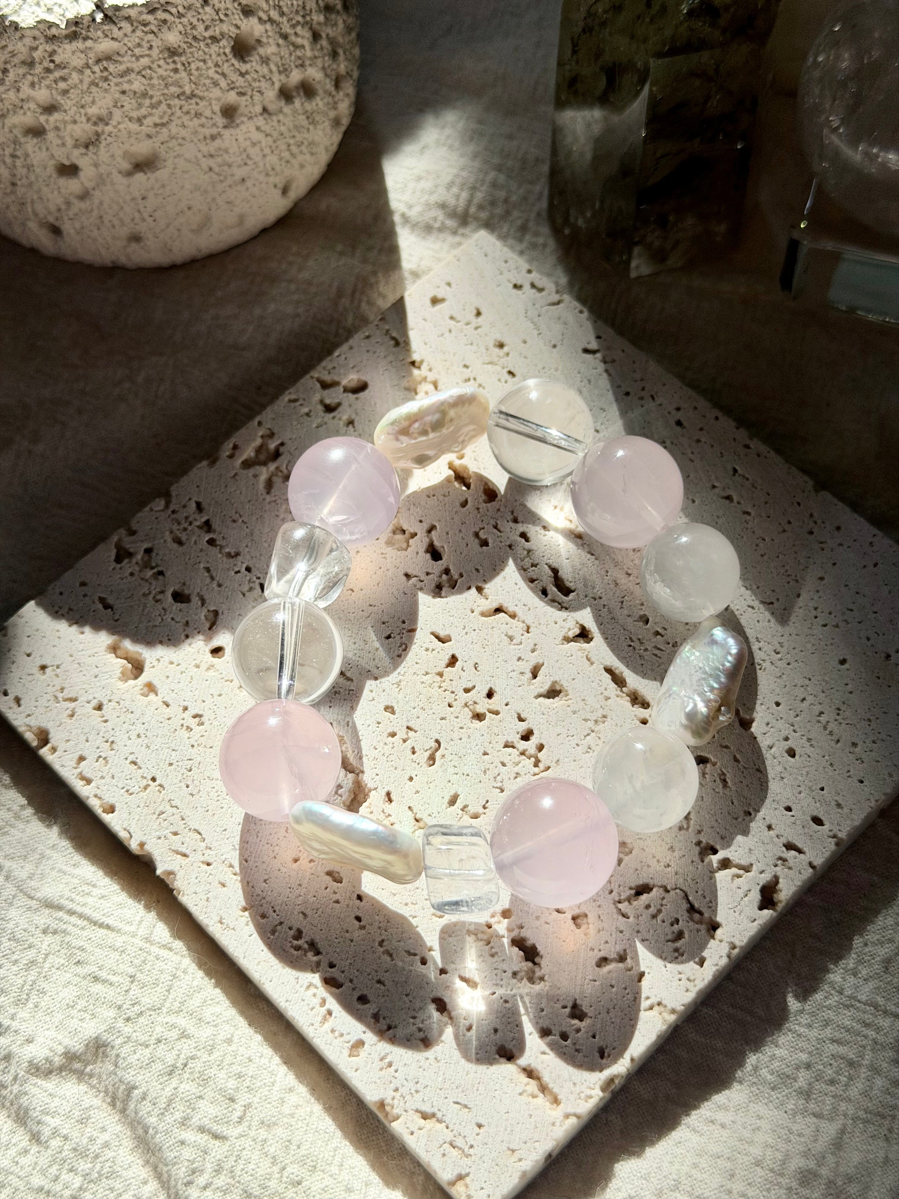 Pearlescent Pink | Triple Baroque Pearl, 16mm Ice Rose & Moonstone Statement Bracelet