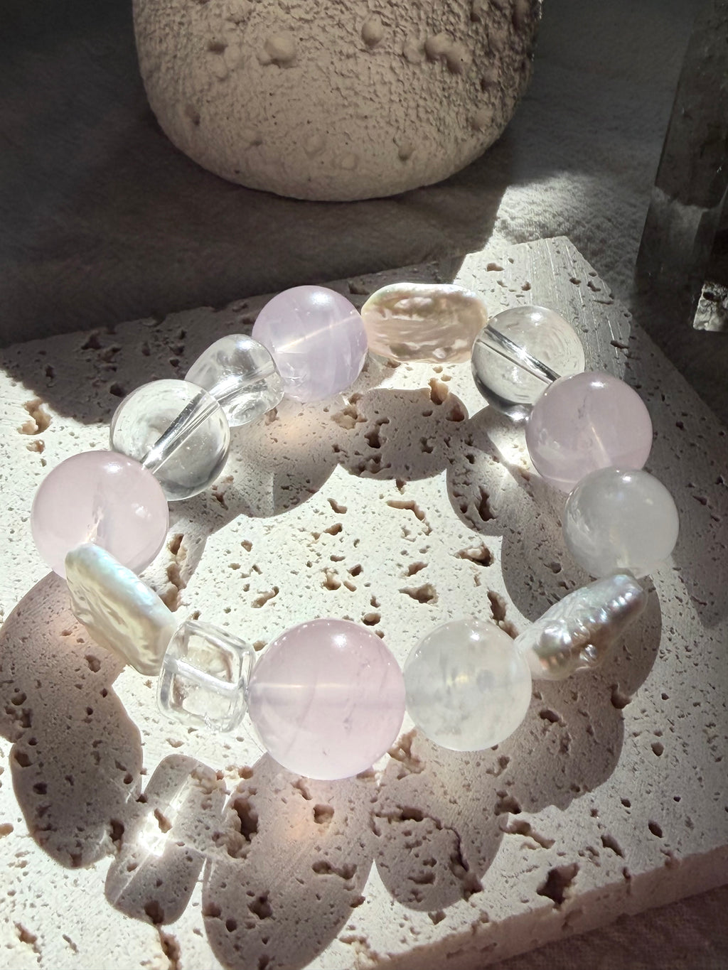 Pearlescent Pink | Triple Baroque Pearl, 16mm Ice Rose & Moonstone Statement Bracelet