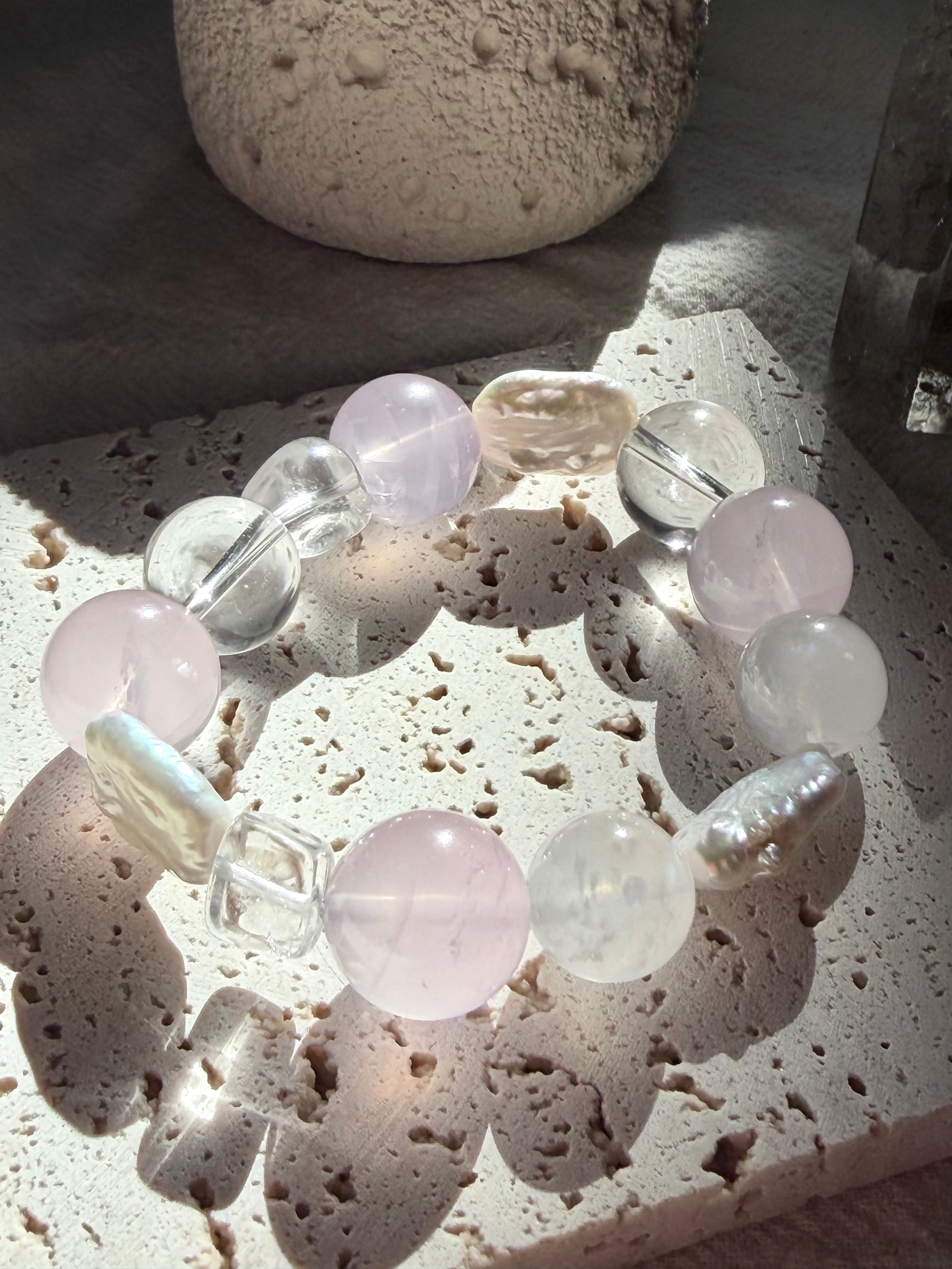 Pearlescent Pink | Triple Baroque Pearl, 16mm Ice Rose & Moonstone Statement Bracelet