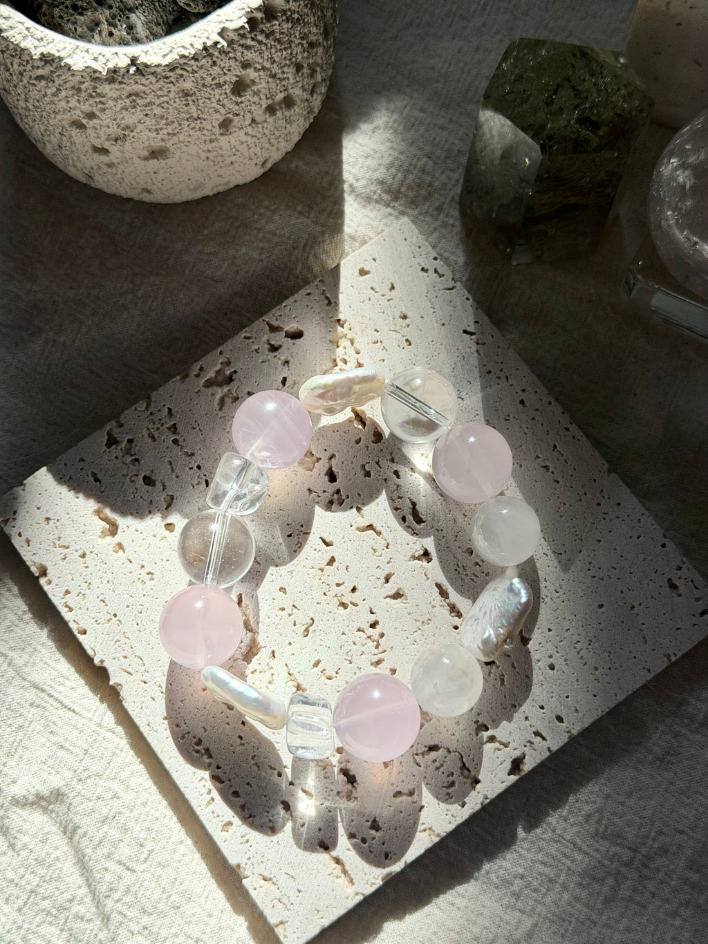 Pearlescent Pink | Triple Baroque Pearl, 16mm Ice Rose & Moonstone Statement Bracelet