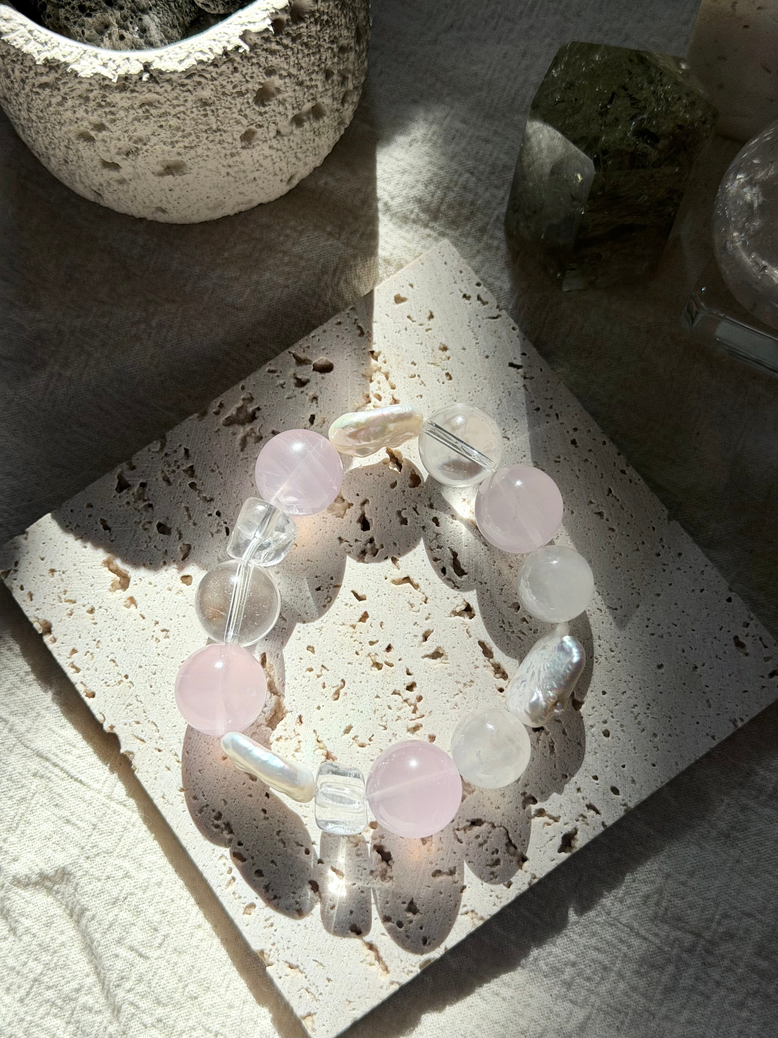 Pearlescent Pink | Triple Baroque Pearl, 16mm Ice Rose & Moonstone Statement Bracelet