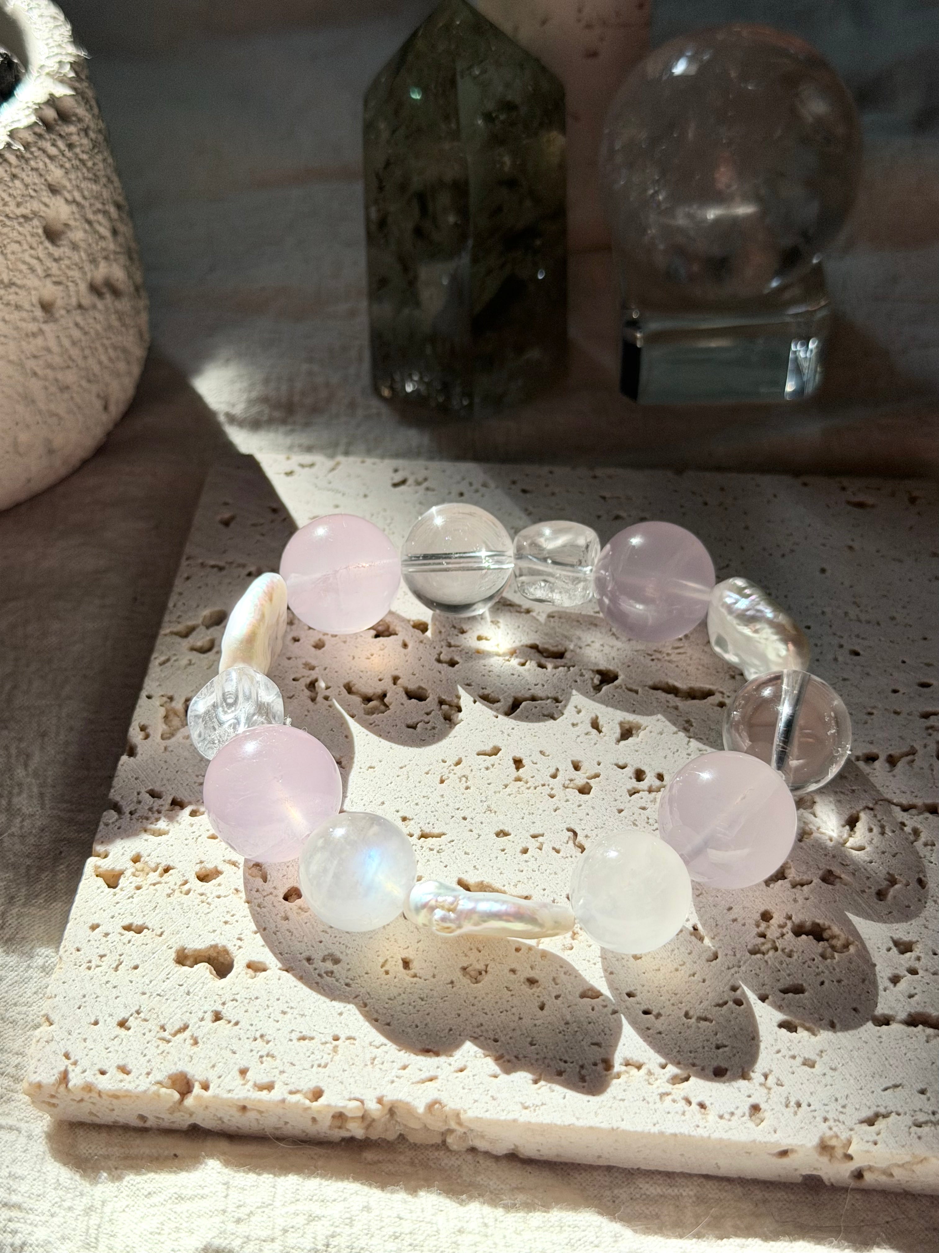 Pearlescent Pink | Triple Baroque Pearl, 16mm Ice Rose & Moonstone Statement Bracelet