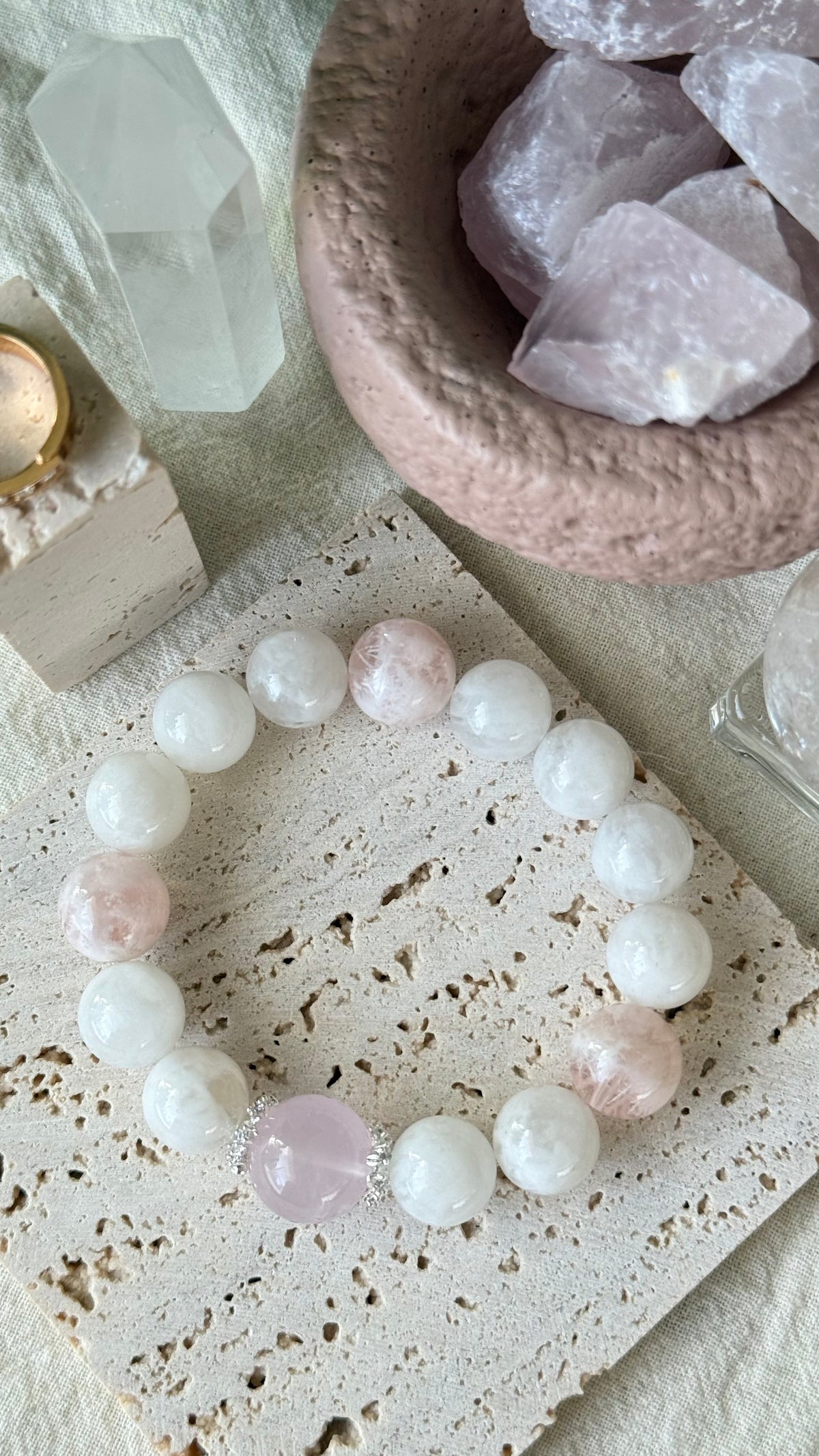 Misty Veil | 14mm Rose Quartz, White & Pink Veil Phantom Bracelet
