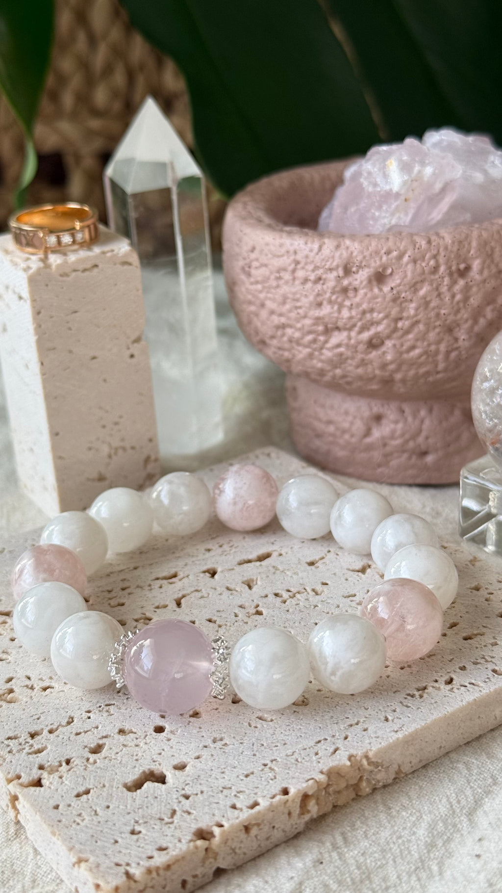 Misty Veil | 14mm Rose Quartz, White & Pink Veil Phantom Bracelet