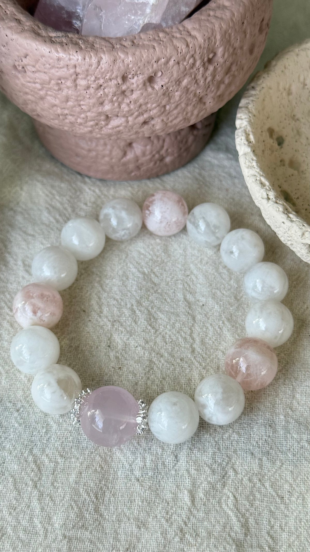 Misty Veil | 14mm Rose Quartz, White & Pink Veil Phantom Bracelet