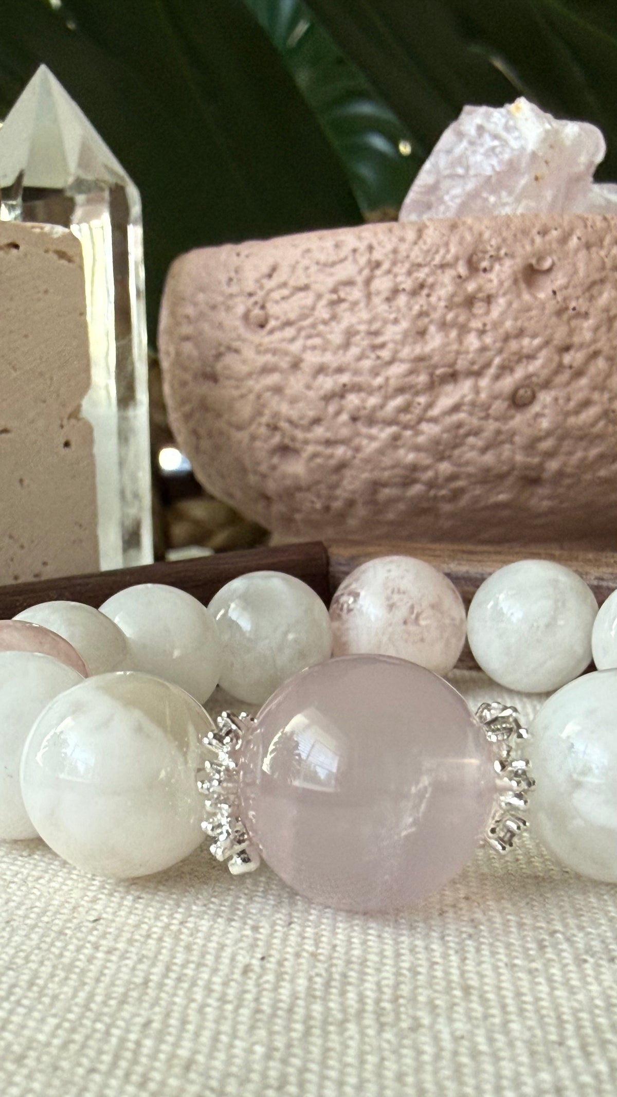 Misty Veil | 14mm Rose Quartz, White & Pink Veil Phantom Bracelet