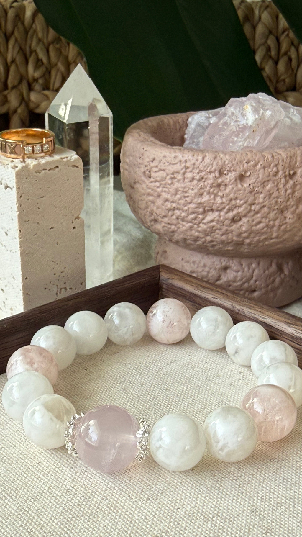 Misty Veil | 14mm Rose Quartz, White & Pink Veil Phantom Bracelet