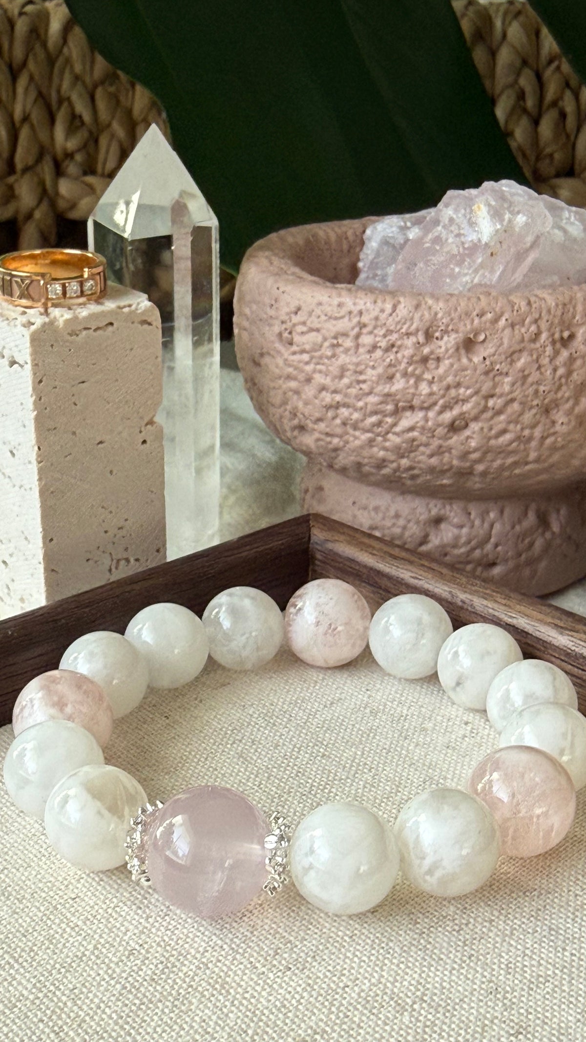 Misty Veil | 14mm Rose Quartz, White & Pink Veil Phantom Bracelet