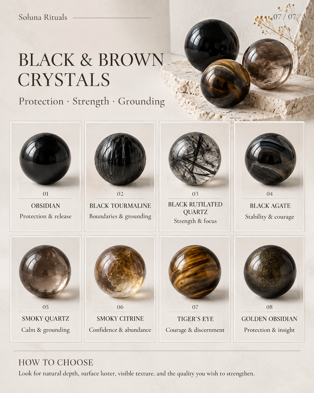 An informational product graphic for Solana Rituals titled 'Black & Brown Crystals,' showing several polished crystal spheres and a grid of eight labeled crystal types including Obsidian, Black Tourmaline, Black Rutilated Quartz, Black Agate, Smoky Quartz, Smoky Citrine, Tiger's Eye, and Golden Obsidian. Text explains benefits and how to choose.