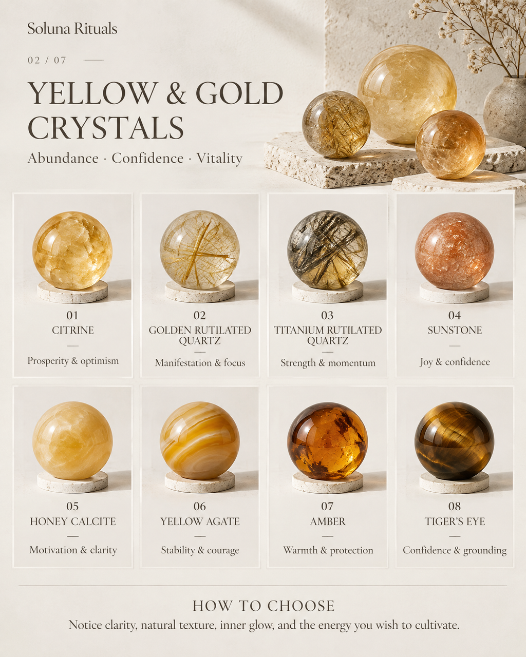 An informational product graphic for Soluna Rituals titled 'Yellow & Gold Cystals' showing eight labeled crystal spheres arranged in a grid, with text describing each stone and how to choose one. The top right shows larger styled crystal globes on a surface.